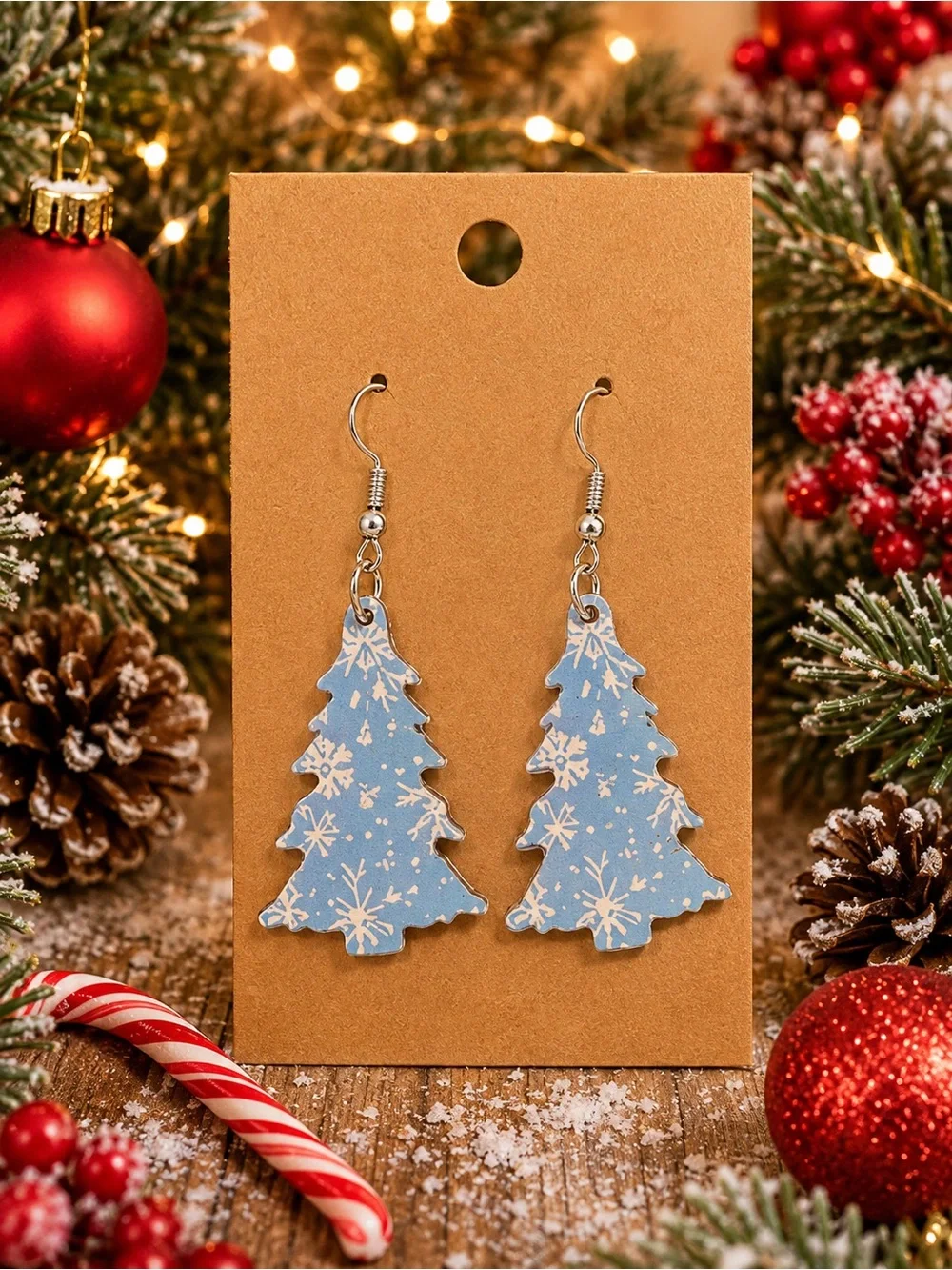 *Buy Now* Holiday Blue Snowflake Tree Wooden Earrings